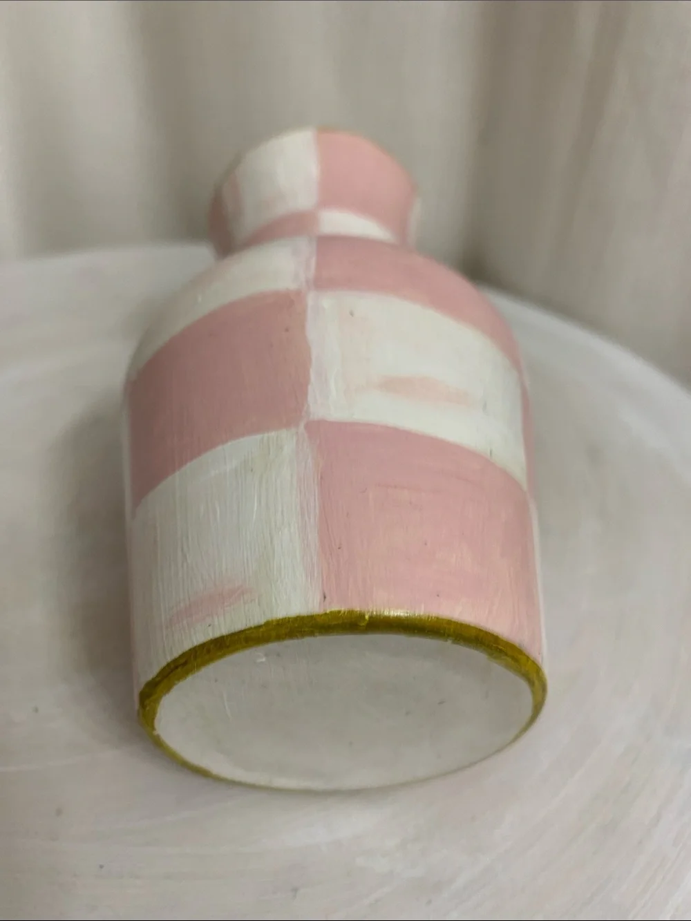Ceramic Bud Vase Hand Painted Pink and White Rosy Check Design